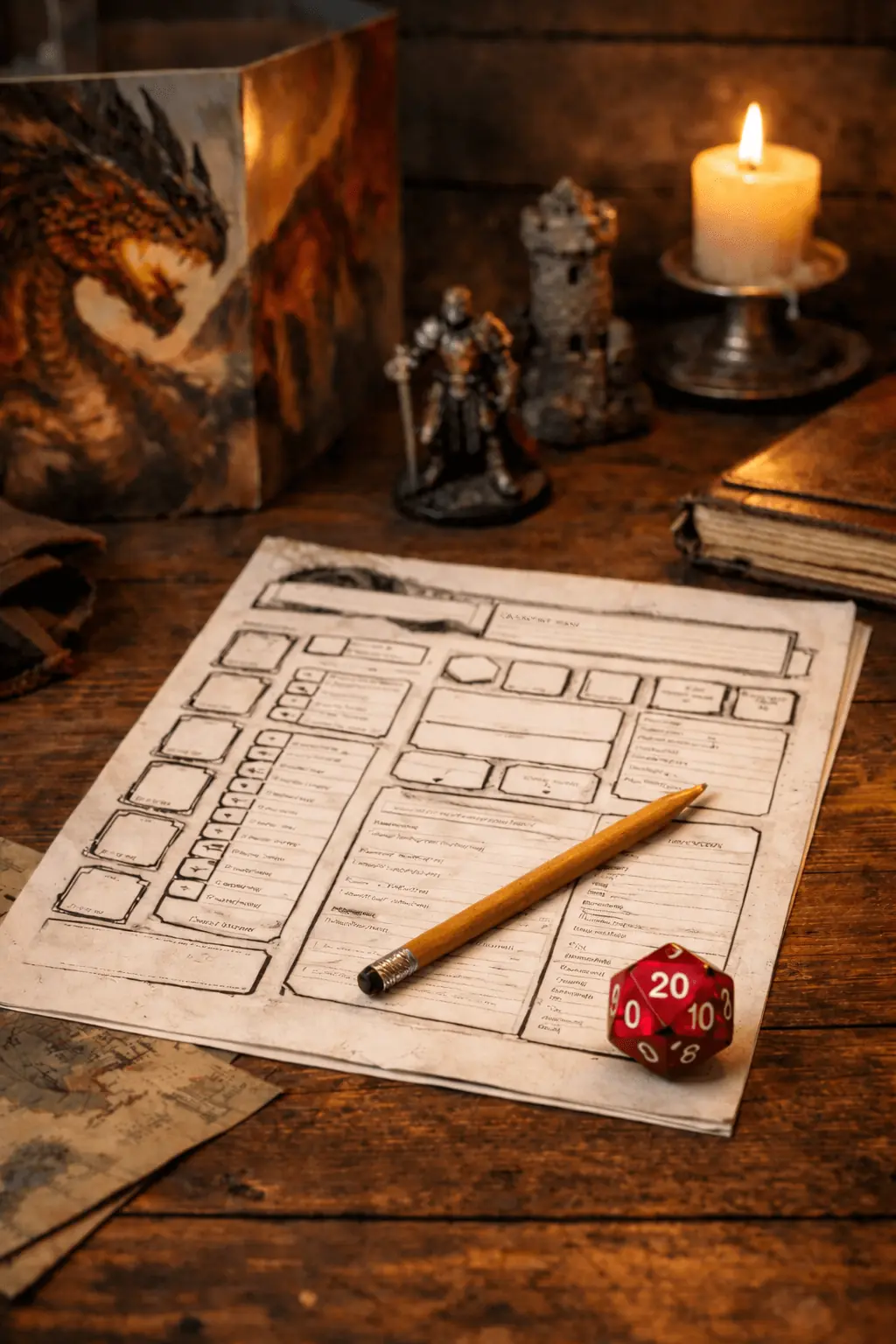 Character sheet for Tabletop RPGs on a wooden table surrounded by Accessories