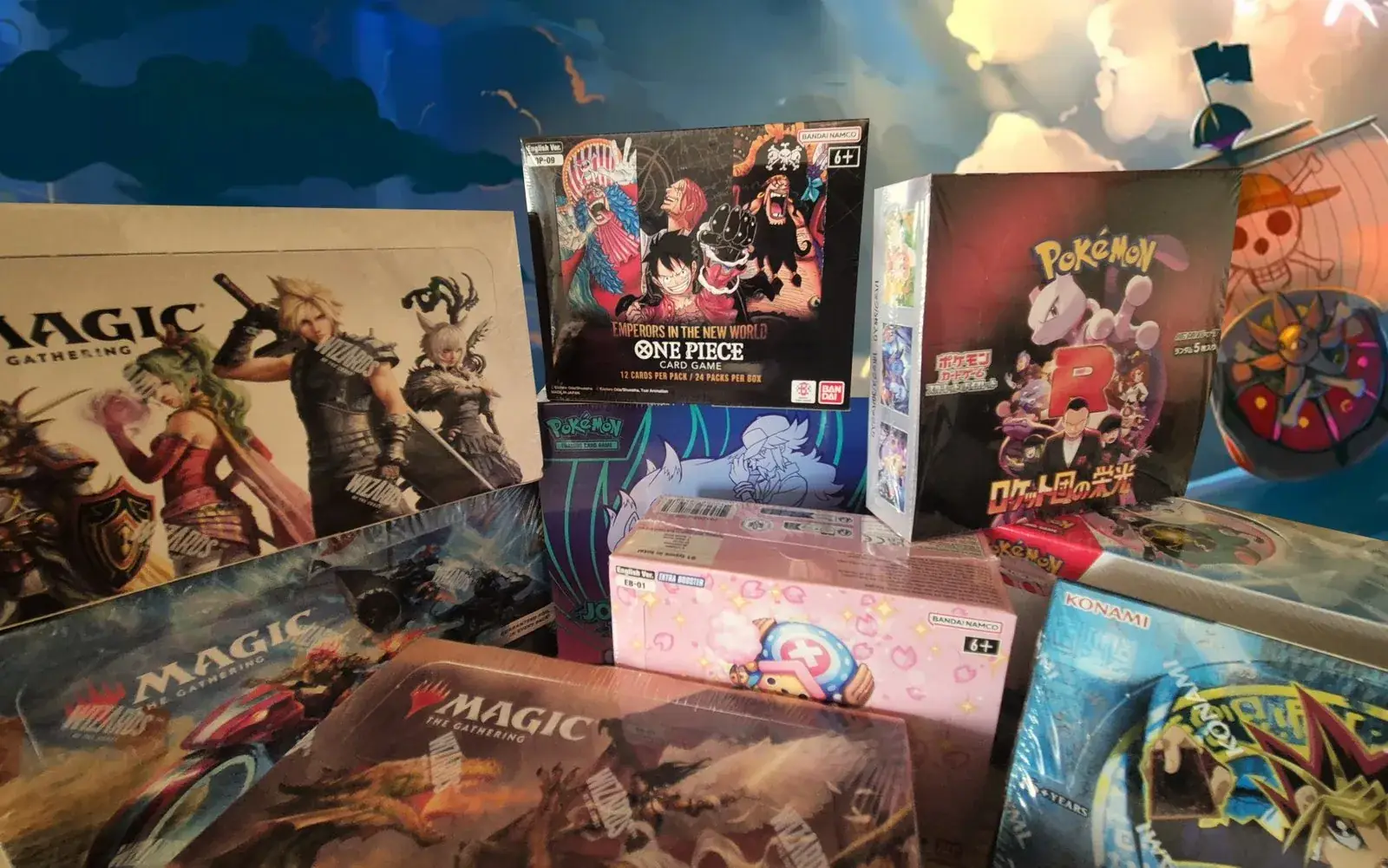 Booster Boxes from Trading Card Games displayed all together