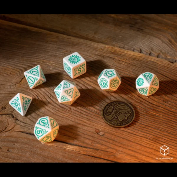 witcher law of surprise dice set on wooden table